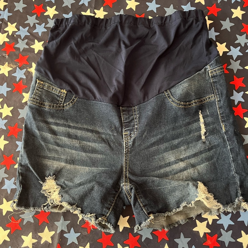 Maternity SHEIN High Waist Blue Denim Shorts with Distressed Details